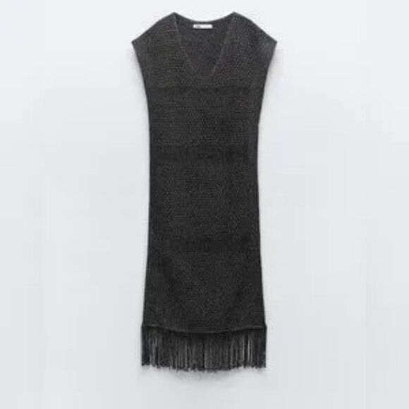 Women's Zara Knit Midi Metallic Black Silver V-Neck Dress Fringe Bottom Size S - Picture 8 of 14